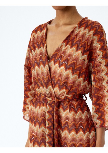 Uzun Geniş Kol Kemerli Desenli Uzun Kimono indirimleri