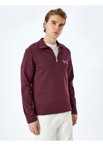 Slogan Işlemeli Pamuk Karışımlı Dikiş Detaylı Yarım Fermuarlı Sweatshirt
