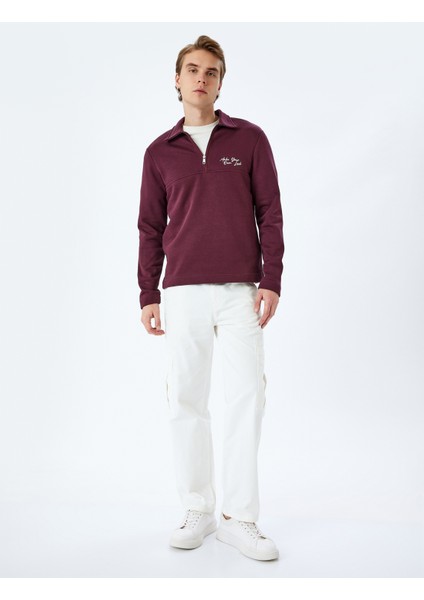 Slogan Işlemeli Pamuk Karışımlı Dikiş Detaylı Yarım Fermuarlı Sweatshirt fiyatları