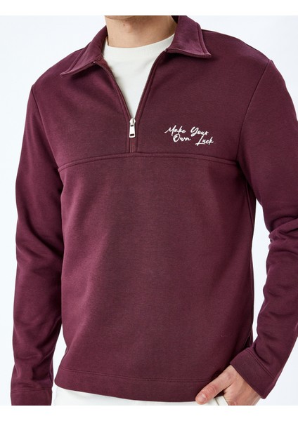 Slogan Işlemeli Pamuk Karışımlı Dikiş Detaylı Yarım Fermuarlı Sweatshirt indirimleri