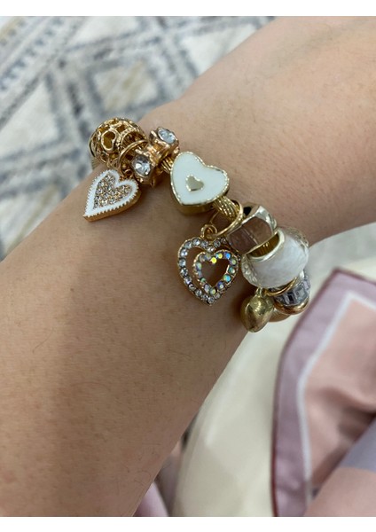 Pandora Charm Kalp Aşk Zirkon Taşlı Çelik Bileklik Gold