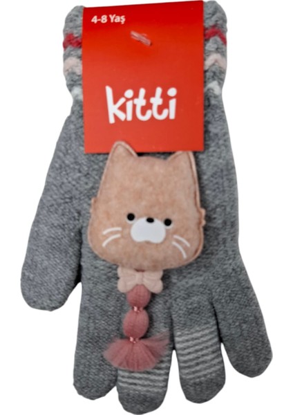 Spteks Kitti 4-8 Yaş Kız Çocuk Gri Renk Kedi Maskot Figürlü Örme Eldiven