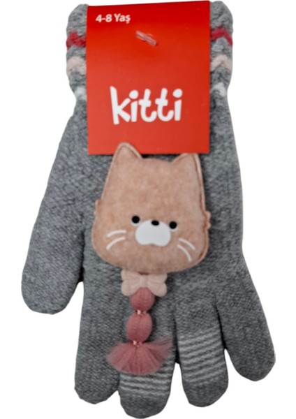 Spteks Kitti 4-8 Yaş Kız Çocuk Gri Renk Kedi Maskot Figürlü Örme Eldiven
