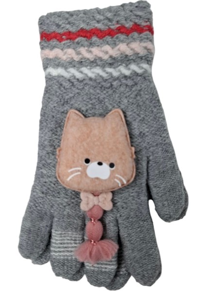 Spteks Kitti 4-8 Yaş Kız Çocuk Gri Renk Kedi Maskot Figürlü Örme Eldiven