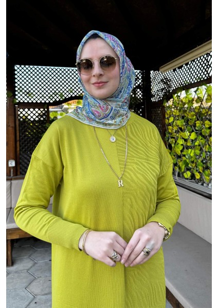 Zebra Desen Triko Elbise Yağ Yeşili