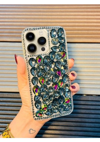 Apple iPhone 14 Pro Max Uyumlu Siyah Simli Taşlı Lüks Telefon Kılıfı