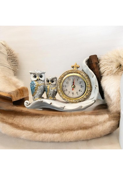 Lüks 2'li Baykuş Işlemeli Dekoratif Biblo Masa Saati Ev Ofis Yeni Yıl si Konsol Vitrin Süsü