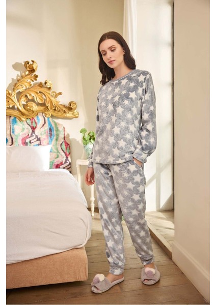 Aydoğan Kadın Uzun Kollu Wellsoft Peluş Pijama Takımı Yıldız Desenli Gri