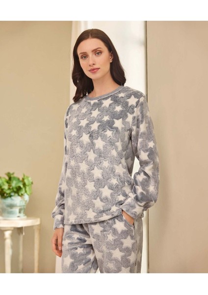 Aydoğan Kadın Uzun Kollu Wellsoft Peluş Pijama Takımı Yıldız Desenli Gri fiyatları