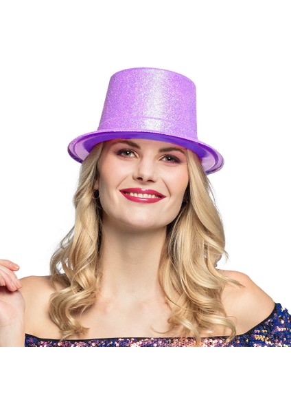 Floresan Mor Renk Simli Uzun Fötr Melon Şapka 12 cm (4825)