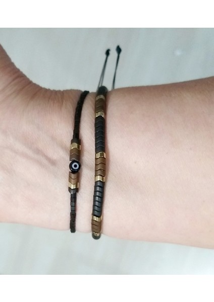 Mat Siyah Hematit Doğaltaşlı ve Nazar Boncuklu Küp Miyuki (Ince) Unisex Ikili Bileklik modelleri
