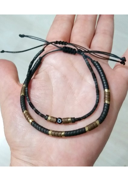 Mat Siyah Hematit Doğaltaşlı ve Nazar Boncuklu Küp Miyuki (Ince) Unisex Ikili Bileklik fırsatları