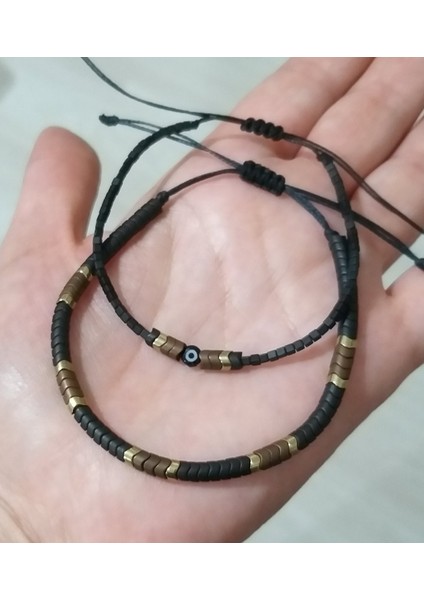 Mat Siyah Hematit Doğaltaşlı ve Nazar Boncuklu Küp Miyuki (Ince) Unisex Ikili Bileklik indirimleri