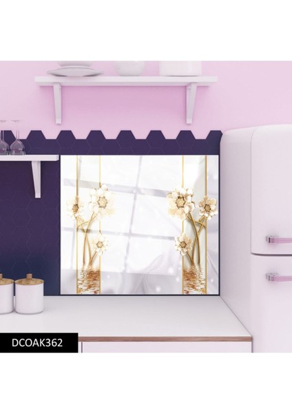 Beyaz Çiçekler Cam Ocak Arkası 60 x 90 Cm