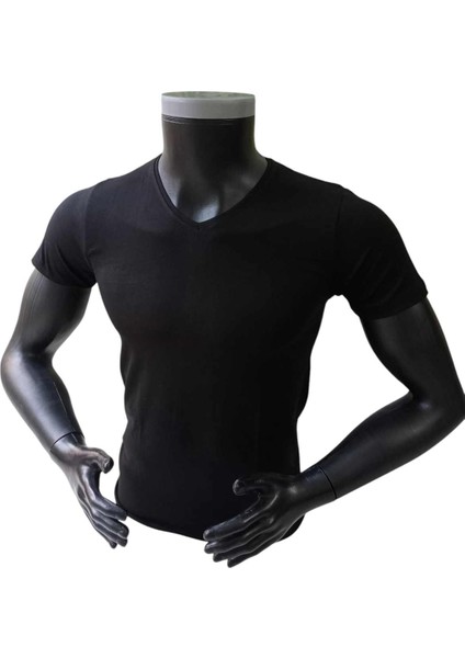 Tişört 2'li ekonomik paket V yaka pamuklu cotton siyah slim fit yumuşak nefes alabilen modal VS1-3L