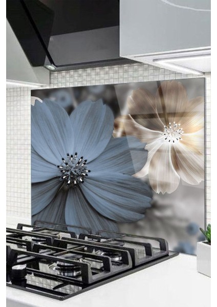 Altın ve Gümüş Rengi Çiçekler Cam Ocak Arkası 60 x 90 Cm