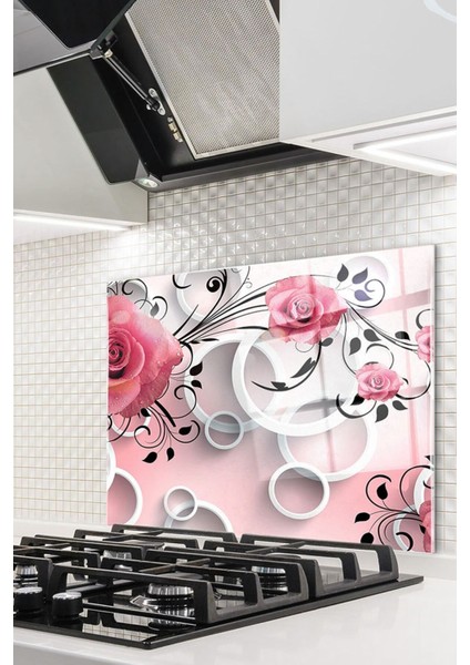 Pembe Güller Cam Ocak Arkası 60 x 90 Cm