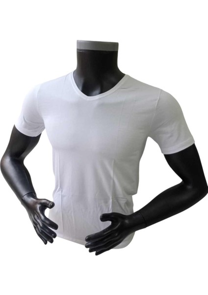 Tişört pamuklu cotton modal V yaka beyaz ekstra esnek slim fit yumuşak unisex VB1-3XL