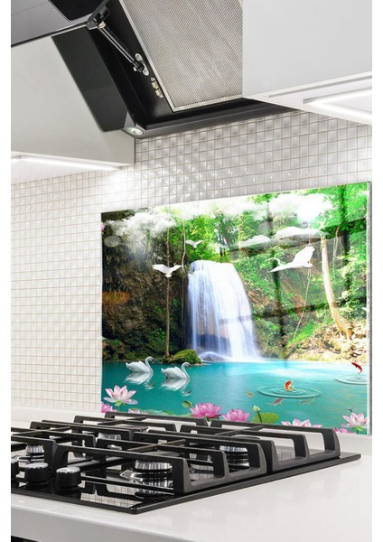 Şelale ve Kuğular Cam Ocak Arkası 60 x 90 Cm