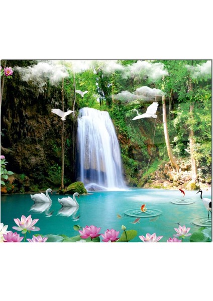 Şelale ve Kuğular Cam Ocak Arkası 60 x 90 Cm