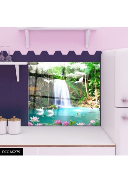 Şelale ve Kuğular Cam Ocak Arkası 60 x 90 Cm