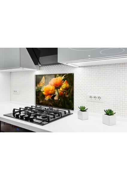 Turuncu Çiçekler Cam Ocak Arkası 60 x 90 Cm