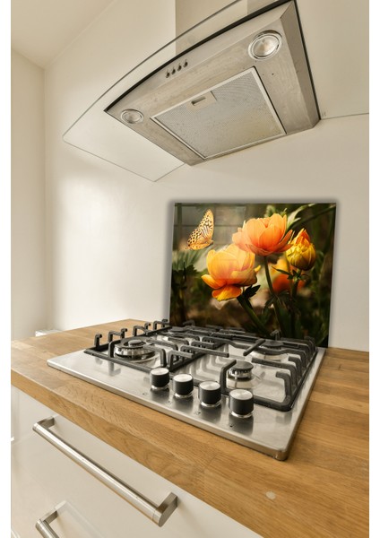 Turuncu Çiçekler Cam Ocak Arkası 60 x 90 Cm