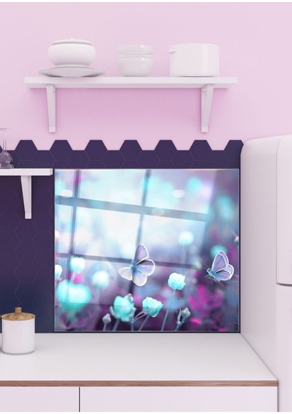Mavi Kelebek Cam Ocak Arkası 60 x 90 Cm