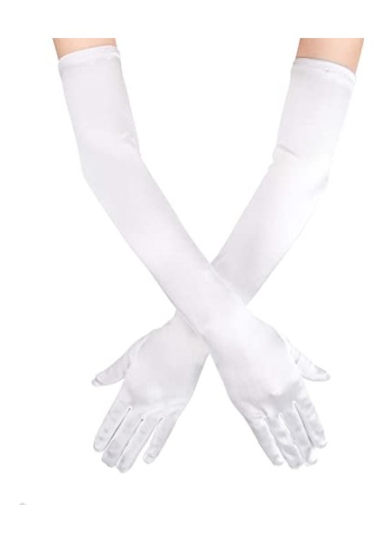 Beyaz Renk Dirseğe Kadar Uzun Kumaş Eldiven 40 cm (4825)