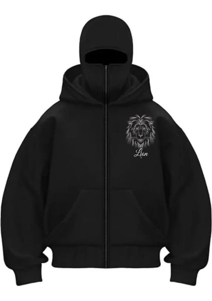 Lion 3 Iplik ( Kalın ) Şardonlu ( Içi Pamuklu ) Unisex Kar Maskeli Kapüşonlu Oversize Hırka