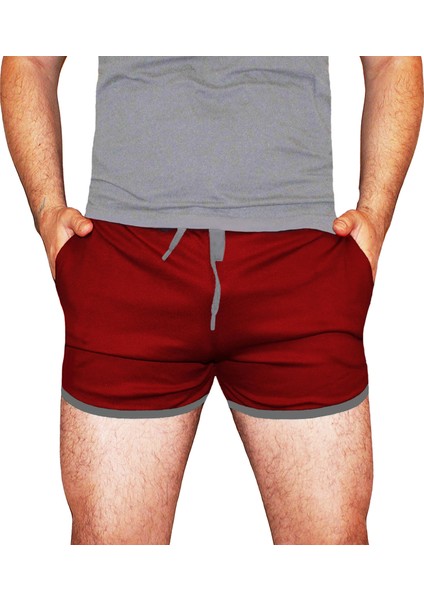 Bordo Reflektörlü Külotlu Cepli Esnek Fitness Crossfit Kısa Şort