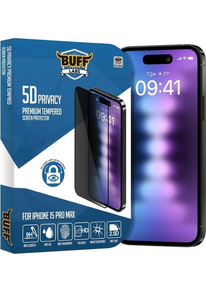 Buff iPhone 15 Pro Max ile Uyumlu 5d Privacy Hayalet Ekran Koruyucu