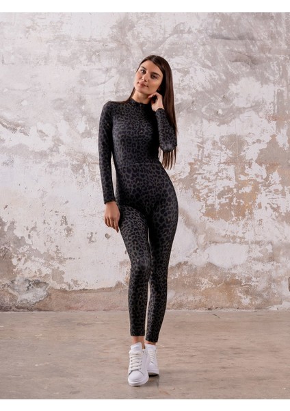 Koyu Gri Haki Leopar Desen Uzun Kollu Spor Tayt Tulum