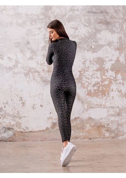 Koyu Gri Haki Leopar Desen Uzun Kollu Spor Tayt Tulum fiyatları