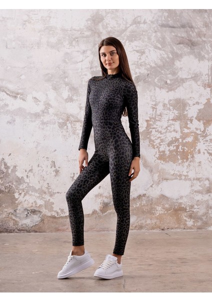 Koyu Gri Haki Leopar Desen Uzun Kollu Spor Tayt Tulum modelleri