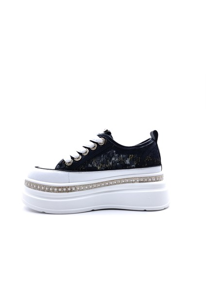 G25Y4233 Yüksek Taban Taş ve Dantel Detaylı Kadın Siyah Şık Spor Ayakkabı fiyatları