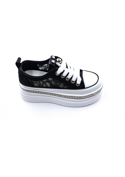 G25Y4233 Yüksek Taban Taş ve Dantel Detaylı Kadın Siyah Şık Spor Ayakkabı indirimleri