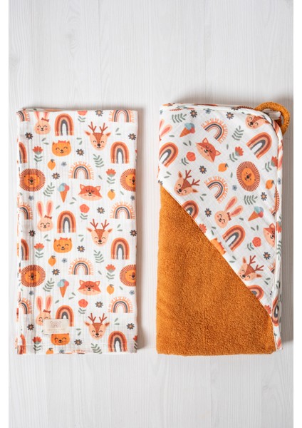 Tarçın - Aslanlı 80X80 cm Kapüşonlu Havlu ve Müslin 2'li Bebek Seti modelleri