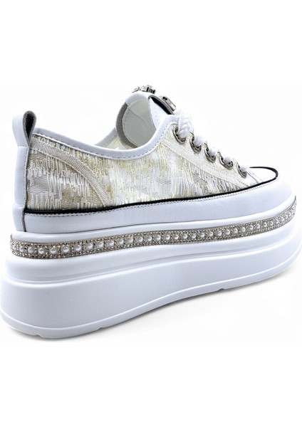 G25Y4233 Yüksek Taban Taş ve Dantel Detaylı Kadın Beyaz Şık Spor Ayakkabı modelleri