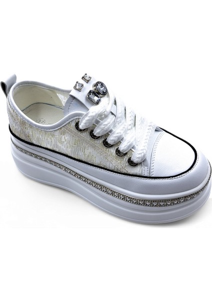 G25Y4233 Yüksek Taban Taş ve Dantel Detaylı Kadın Beyaz Şık Spor Ayakkabı fırsatları