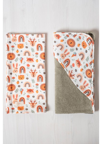 Yeşil - Aslanlı 80X80 cm Kapüşonlu Havlu ve Müslin 2'li Bebek Seti modelleri