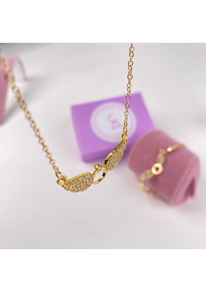 14 Ayar Gold Kaplama Kanatlı Tektaş Kolye ve Bileklik Seti , Sevgililer Günü Hediyesi