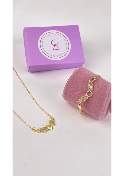 14 Ayar Gold Kaplama Kanatlı Tektaş Kolye ve Bileklik Seti , Sevgililer Günü Hediyesi indirimleri