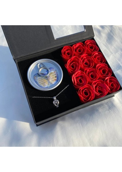 Sevgiliye Özel Kutu Gül Istiridye Kolye Luxery Set