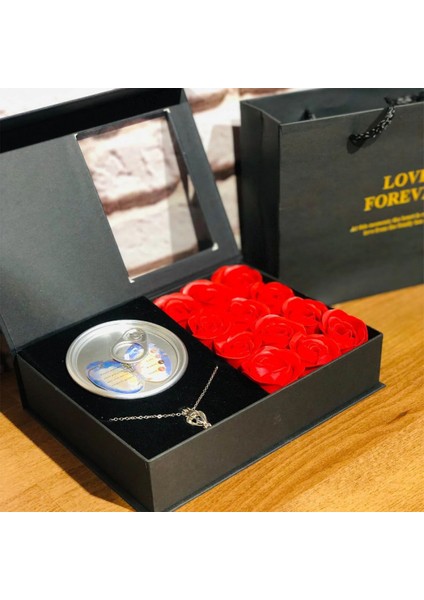 Sevgiliye Özel Kutu Gül Istiridye Kolye Luxery Set