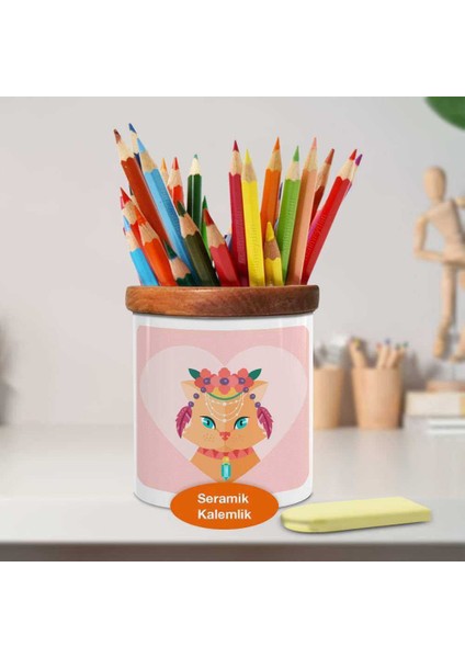 Çiçek Taçlı Güzel Kedi Ahşap Seramik Kalemlik - 2147621017