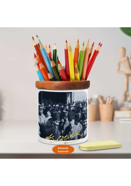 Kalpaklı Gazi Mustafa Kemal Atatürk Ahşap Seramik KALEMLIK-748 fiyatları