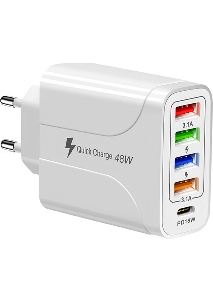 48 Watt 5 Port 3.1A Güç Adaptörü 4 Port USB + 1 Pd 18W Type-C Şarj Toplam 5 Port Akıllı Priz