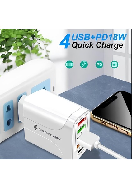 48 Watt 5 Port 3.1A Güç Adaptörü 4 Port USB + 1 Pd 18W Type-C Şarj Toplam 5 Port Akıllı Priz fiyatları
