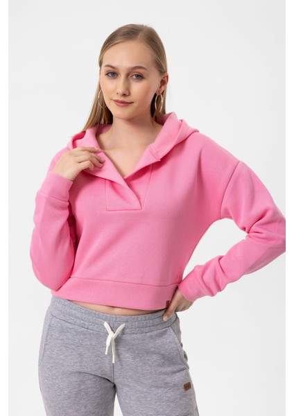 V Yaka Kapüşonlu Uzun Kollu Crop Fit Kadın Sweatshirt Hoodie